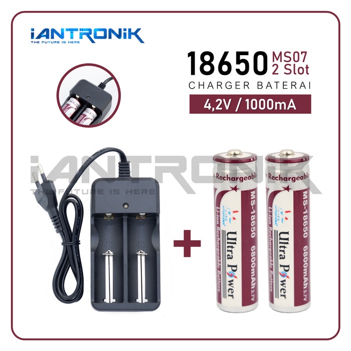 CHARGER BATERAI 2 SLOT MS-07 + BATERAI LI-ION 18650 BUTTON TOP TERBAIK
