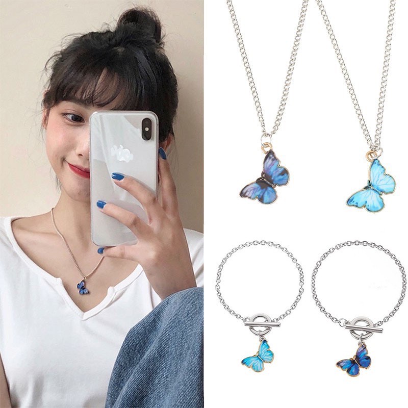 ✅COD Fashion Kalung Kupu-kupu Gradien Biru Gelang In Rantai Butterfly Necklace Bracelet Klavikula Wanita Q04