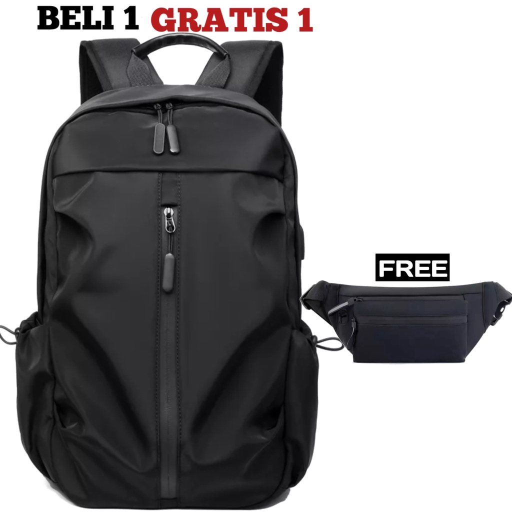 DT123 - BUY 1 GET 1 - Tas Ransel Pria Beli Ransel Punggung Backpack Cowok Free Waistbag