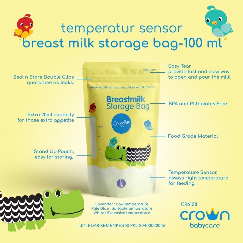 CROWN Kantong asi 120 ml (100 + ekstra 20 ml) dengan SENSOR PANAS Babycare Breastmilk Storage Asip