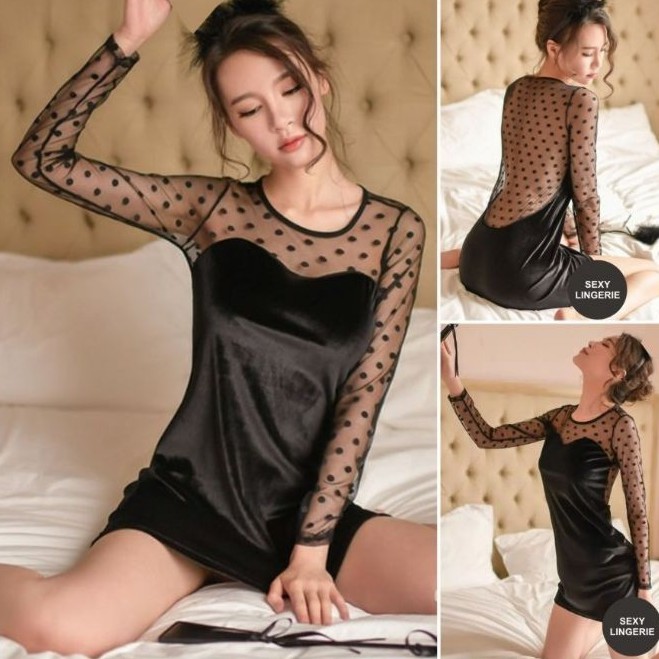 SEXY LINGERIE MINI DRESS LONG SLEEVE BAJU SEXY WANITA D0711BK