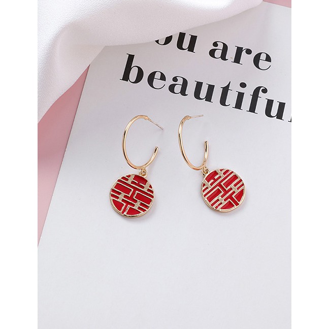 LRC Anting Gantung Fashion Round Double Happiness Beads: Hi Word Blessing Tassel Earrings  D20810