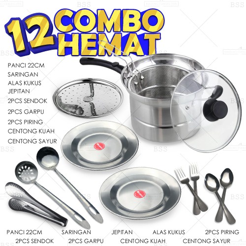 Promo 12in1 Panci kukus Saringan Set Piring Stainless Sendok Garpu makan jepitan murah