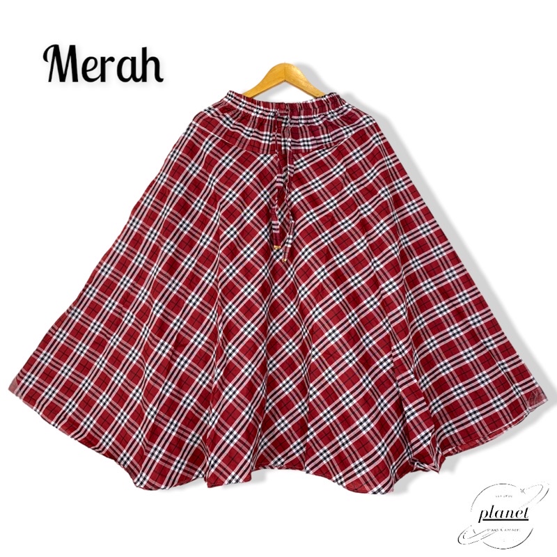 ROK KOTAK KOTAK PANJANG WANITA ROK PAYUNG MAYUNG ROK PANJANG ROK MUSLIMAH MUSLIM DEWASA BAHAN KATUN PINGGANG KARET TALIAN-Merah