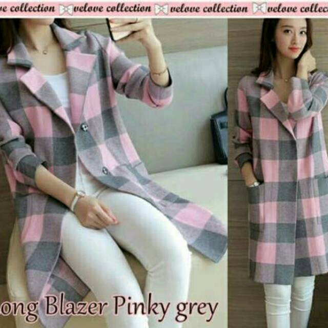 Long blazer kotak pink grey