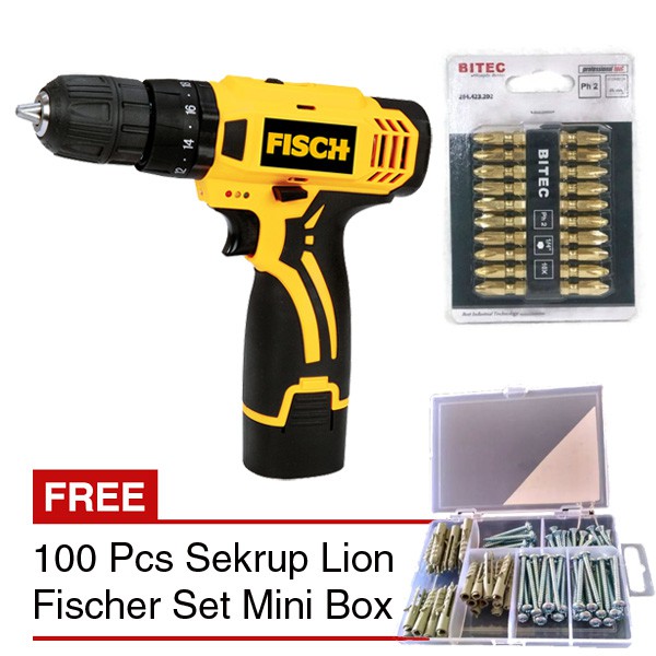 FISCH TD 7180 Bor Cordless & BITEC 10 Pcs Mata Bor Obeng PH 2 MK 01