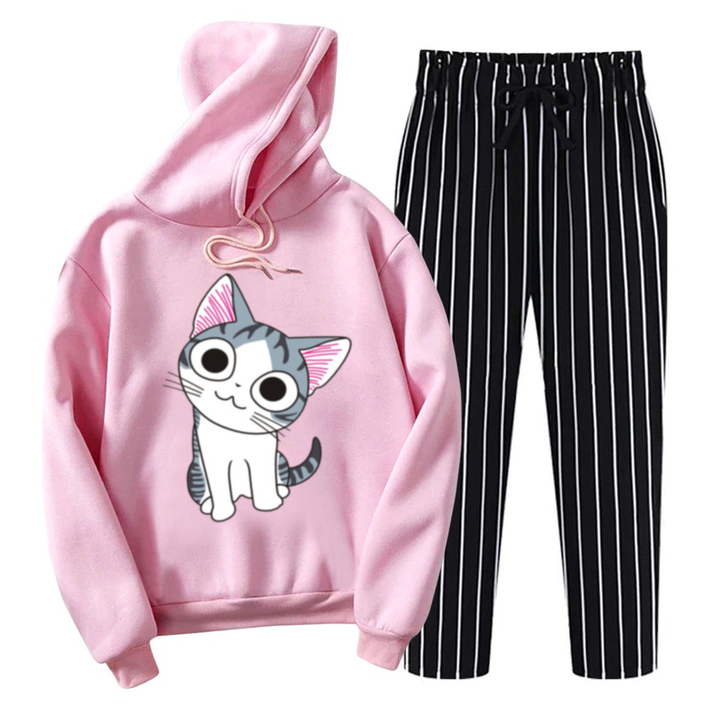 BESS - Setelan Hoodie Wanita Murah / Setelan Hoodie + Celana Salur Hitam - KIKU CAT