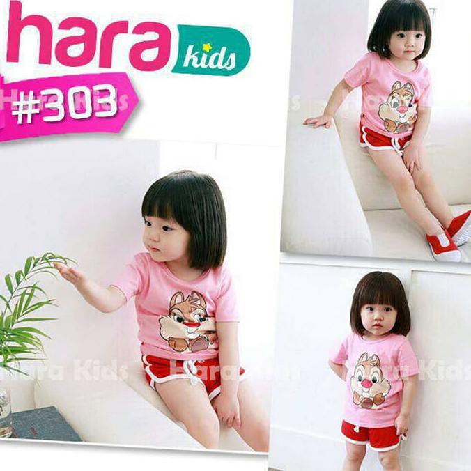 TREND BAJU SETELAN ANAK PEREMPUAN CEWEK HARA KIDS MAIN PENDEK CHIPMUNK PINK MURAH KEKINIAN GROSIR