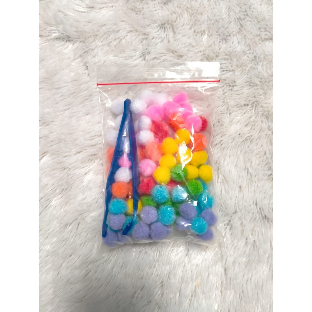 Mainan Montessori Pompom 1cm / 10mm. isi 100 + free 1 tweezer type 2