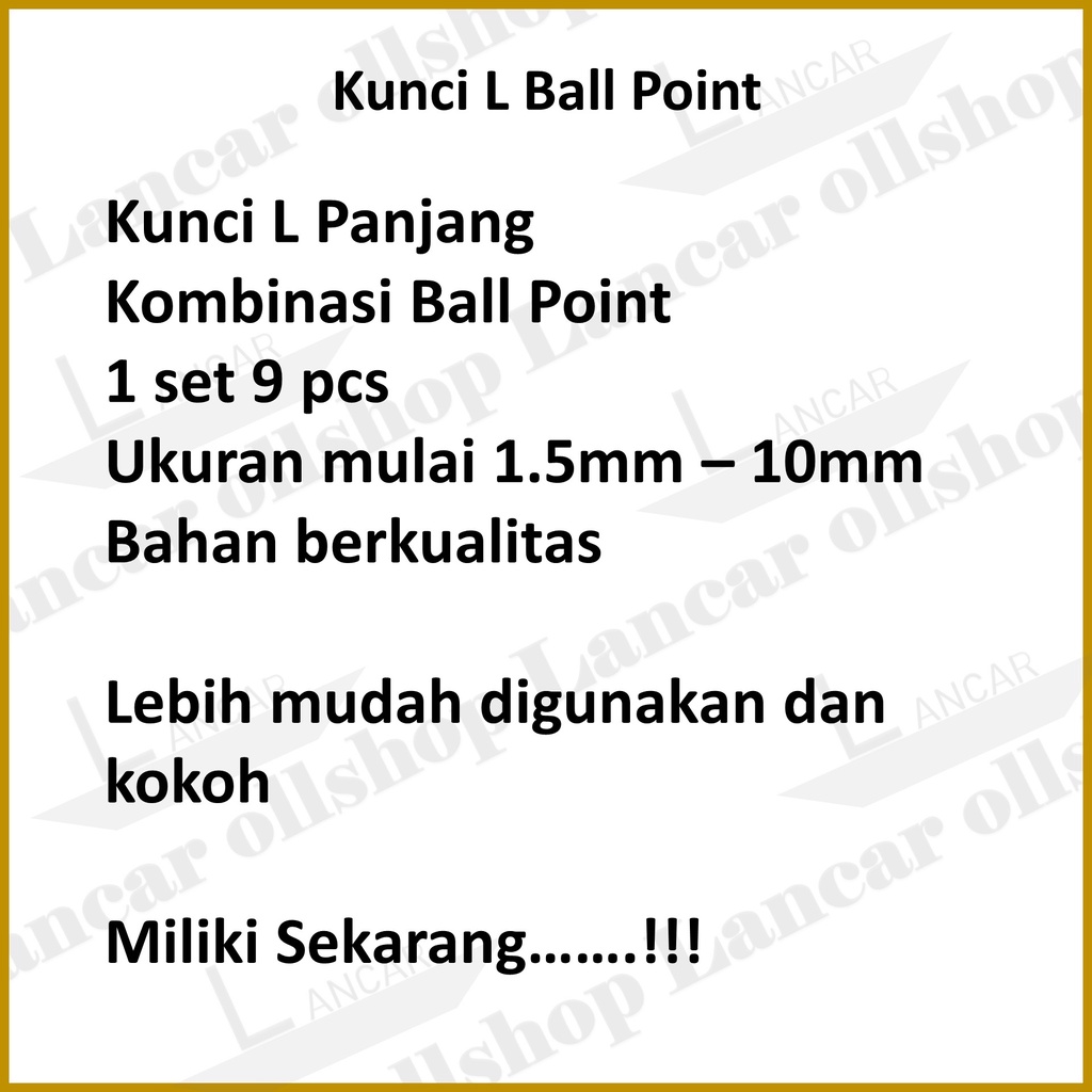 Kunci L panjang 1 set isi 9 pcs BallPoint Xtra Long / Kunci L Set