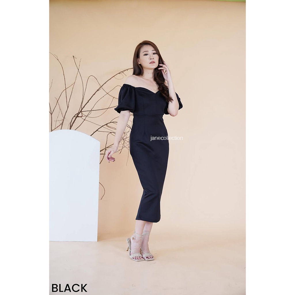 JANE COLLECTION || Maxi Bodycon Dress Pesta Lengan Balon Sweetheart Neck Sabrina Body Con Party Prime Scuba Hitam Maroon Putih Hijau Emerald Dress Bettsy