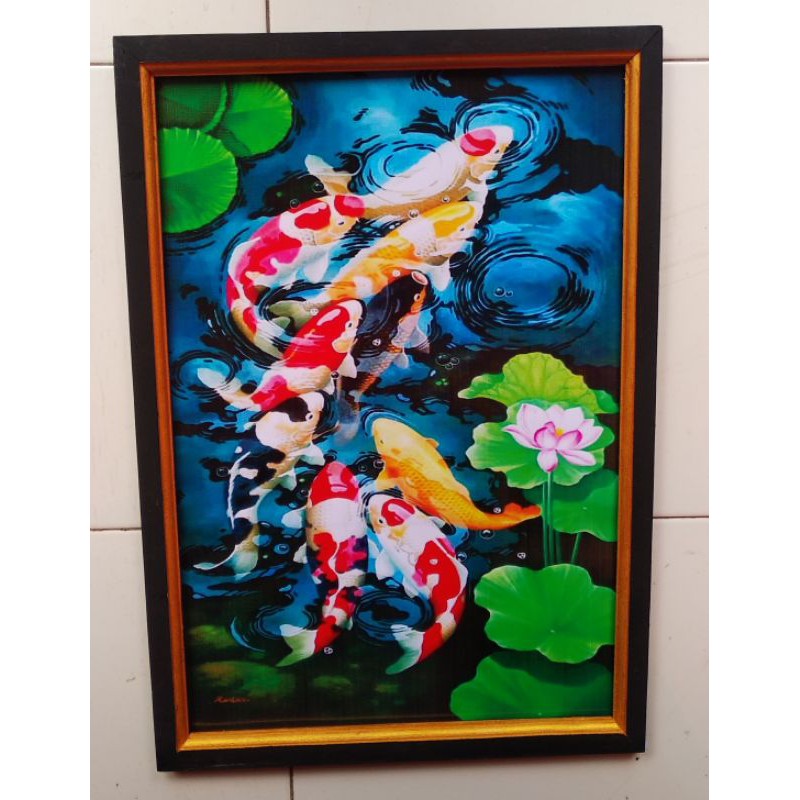 hiasan dinding lukisan cetak ikan koi terlaris plus Bingkai ukuran 65×45