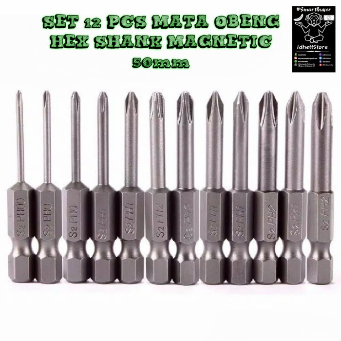 Set 12 Pcs Mata Bor Obeng Hex Shank Magnetic 50Mm Ph00 Ph0 Ph1 Ph2