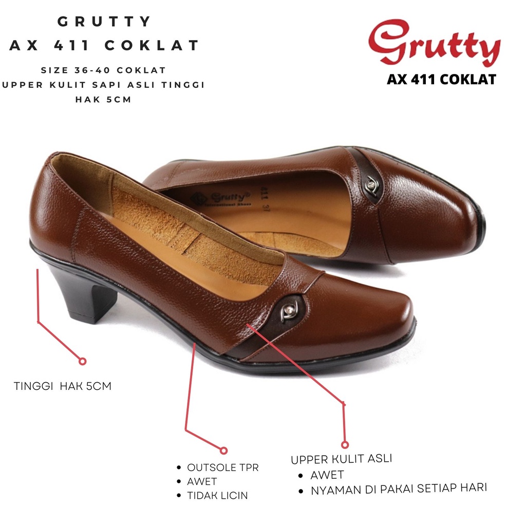 Sepatu Pantofel Wanita Formal Kerja Kantoran Bahan Kulit Asli Warna Coklat Hak 5cm Grutty AX411