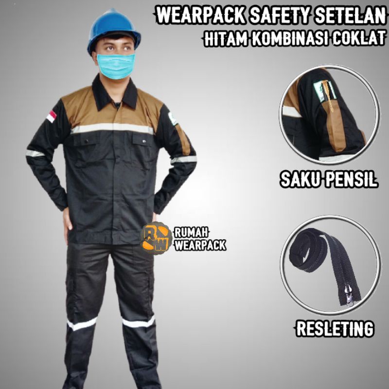 Setelan Wearpack Safety dan Celana Safety Warna Hitam Kombinasi Coklat Mocca