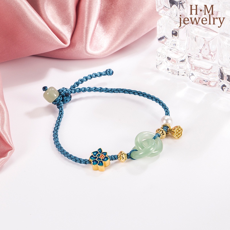 Gelang Tangan Batu Giok Hetian Aksen Mutiara Untuk Wanita