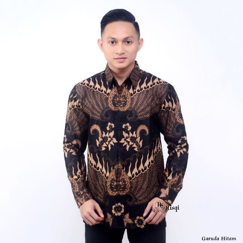 KEMEJA HEM BATIK PRIA LENGAN PANJANG COUPEL KEMEJA HEM MOTIF GARUDA HITAM