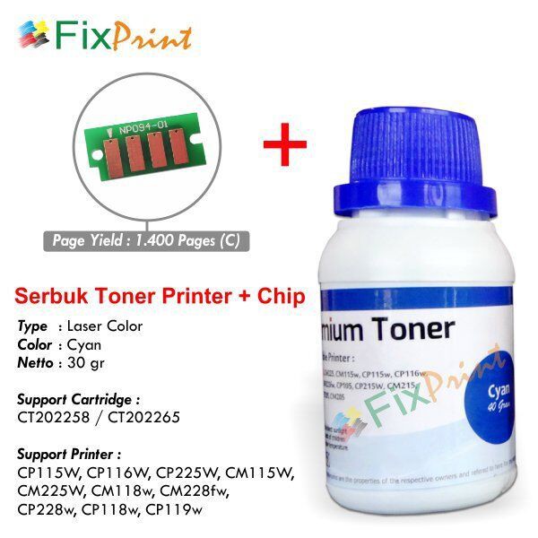 Serbuk + Chip Fuji Xerox CP115 CP116 CP118 Cp119 CP228 CP225 Cyan