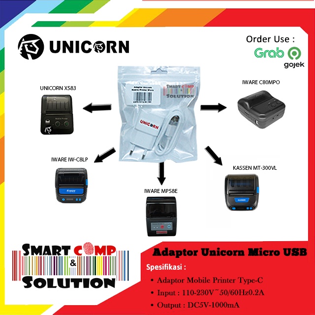 Adaptor Charger Unicorn Mobile Printer 5A 1A Micro USB / USB Type C