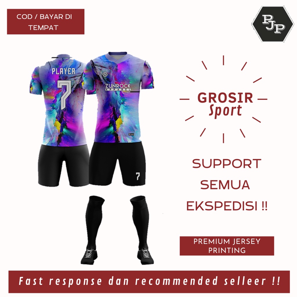 COD Satuan dan Grosir Baju Setelan Olahraga Pria Jersey Futsal Bola Volly Badminton Basket Pria Printing Custom Nama, No. Punggung, Logo, Sponsor Jersey Atasan Full Print Bawahan Sablon Polyplex Harga Murah Bandung Jersey Full PRinting Zunrock Desain Baru