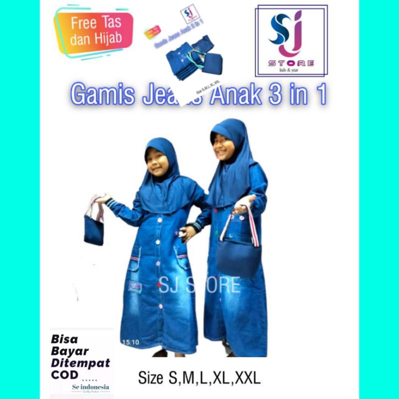 Baju Gamis Jeans Anak Perempuan / Pakaian Muslim Anak Perempuan 3in1 4 Sampai 11 Tahun