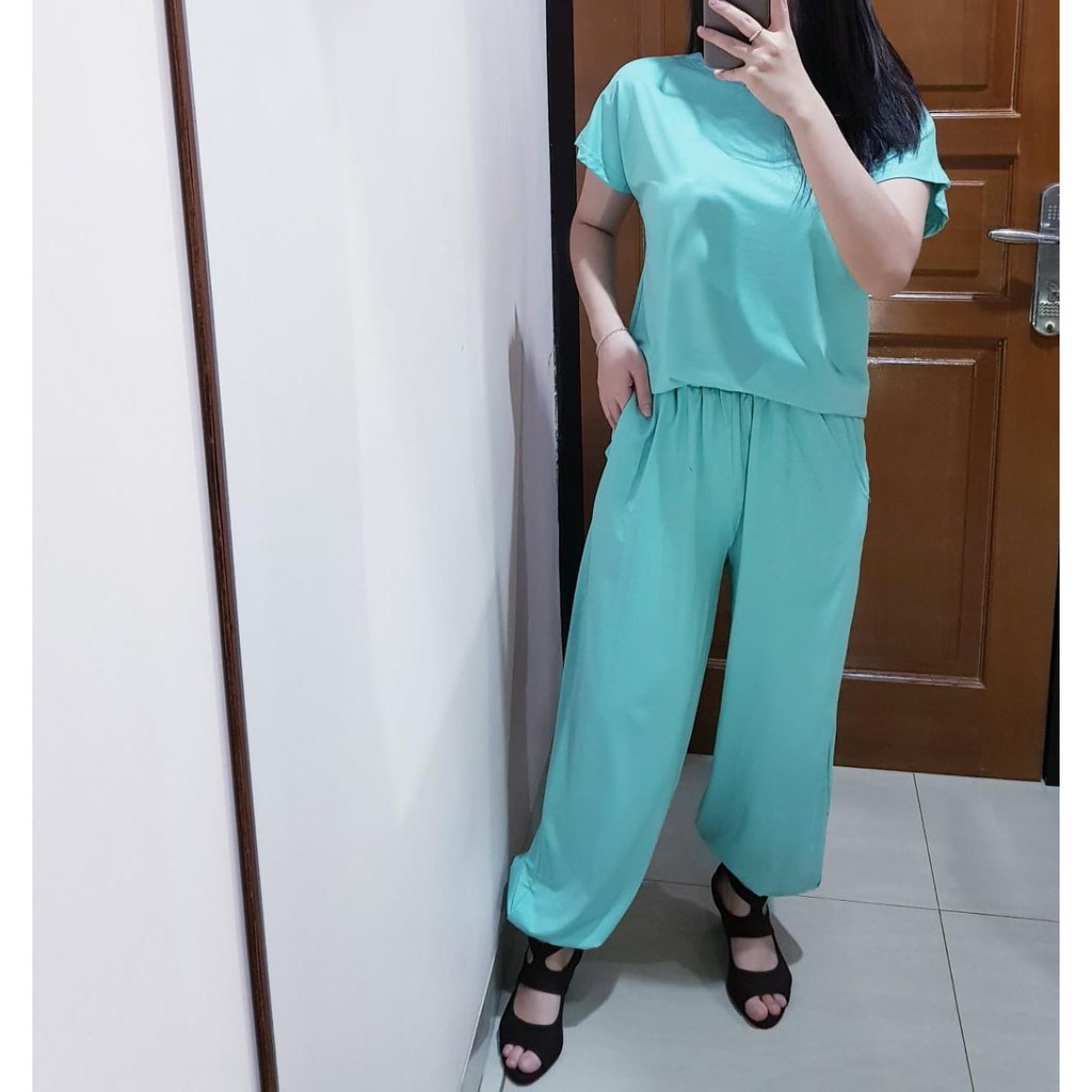 Basic Comfy Homey Sans Long Set Kaos Polos Celana Panjang - CA206010