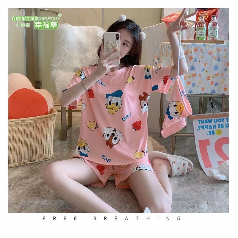 SET BAJU TIDUR WANITA CELANA PENDEK DAPAT POUCH ALA KOREA