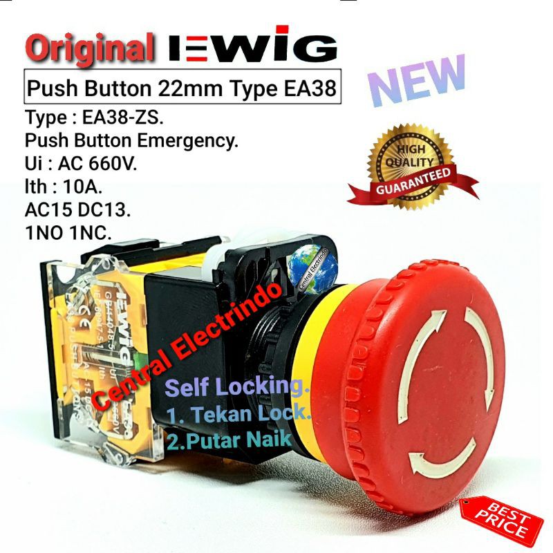 Push Button Emergency Stop EWIG EA38-11ZS Self Locking 22mm 10A AC660V