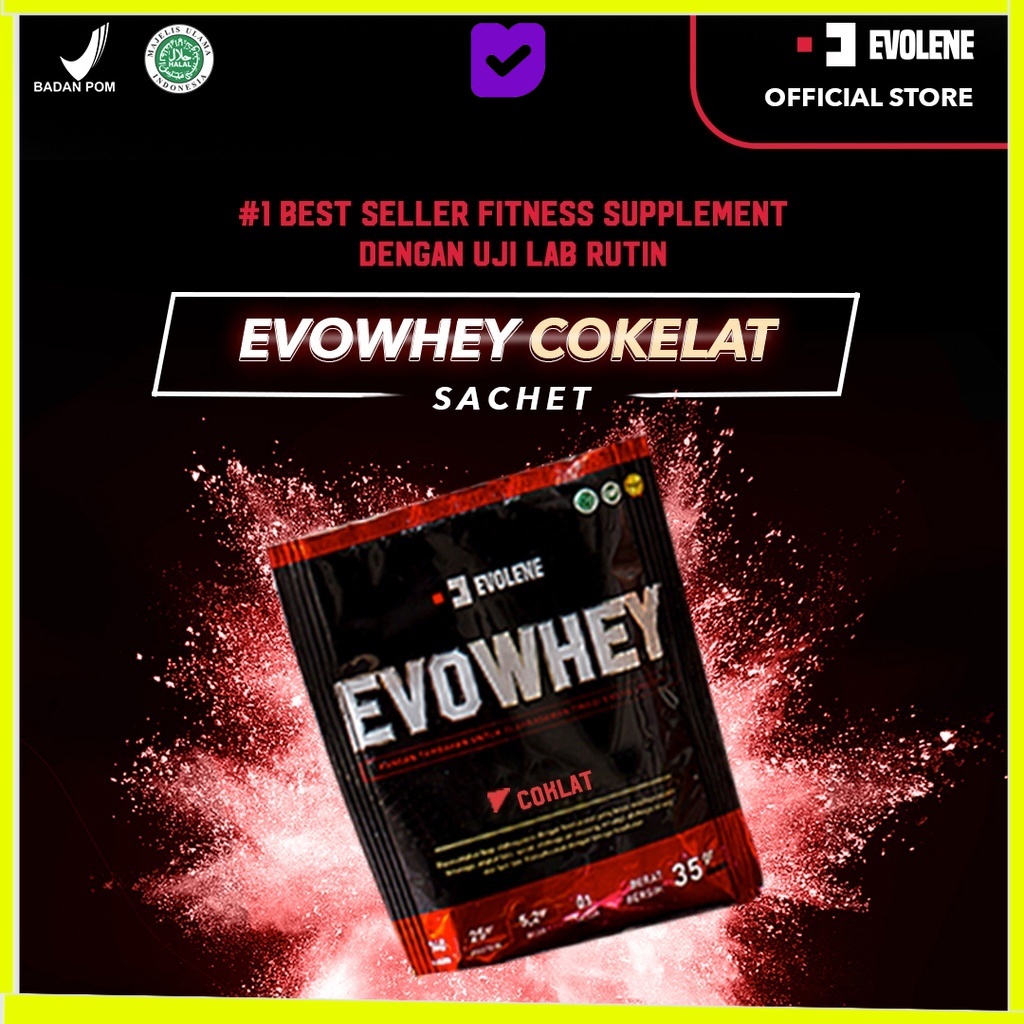 Evowhey Coklat SACHETAN - Suplemen fitness pembentuk Otot - Defisit kalori - Susu Protein - Suplemen Fitness - Minuman Protein - Suplemen Workout BPOM HALAL EVOLINE EVOLIN EVOLEN