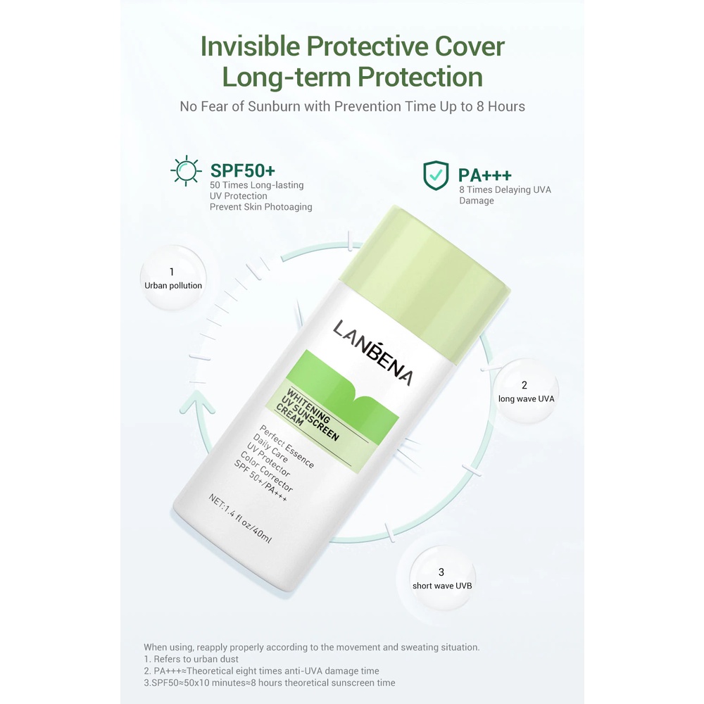 [BPOM] LANBENA Whitening UV Susncreen Cream Green - Menyamarkan (40ml) - unscreen Cream UV Whitening Green Sunscreen Face Body Sun Protection SPF50 + Daily Care Moisturizer