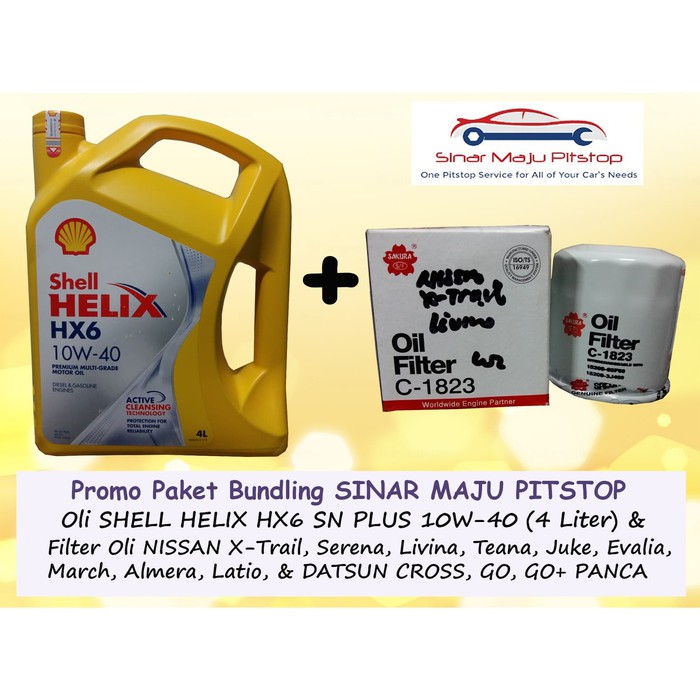 Paket Oli Mobil SHELL HELIX HX6 10W-40 (4 Liter) & Filter Oli DATSUN GO & GO+ PANCA & DATSUN CROSS