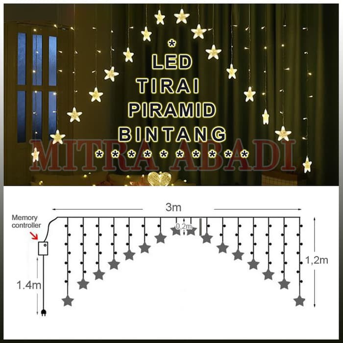 Lampu Natal Tirai LED Piramid Bintang 136 LED 3 Meter