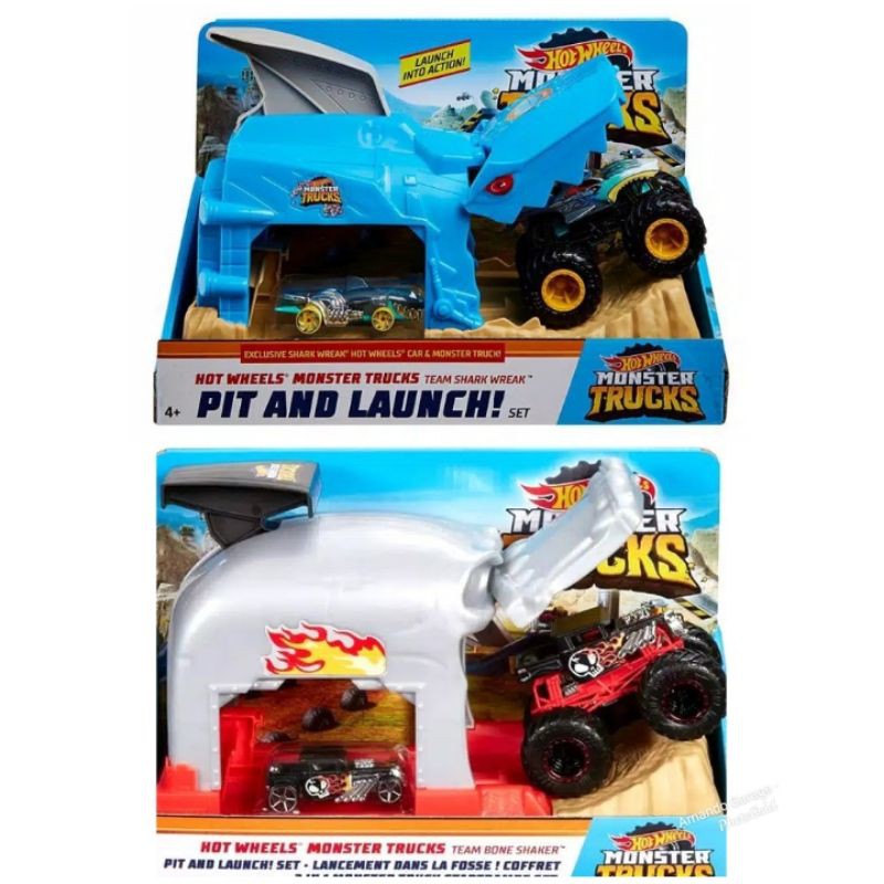 Diecast Hot Wheels Pit And Launch Monster Truck Playset Set Track Builder Shark Wreak Bone Shaker HW