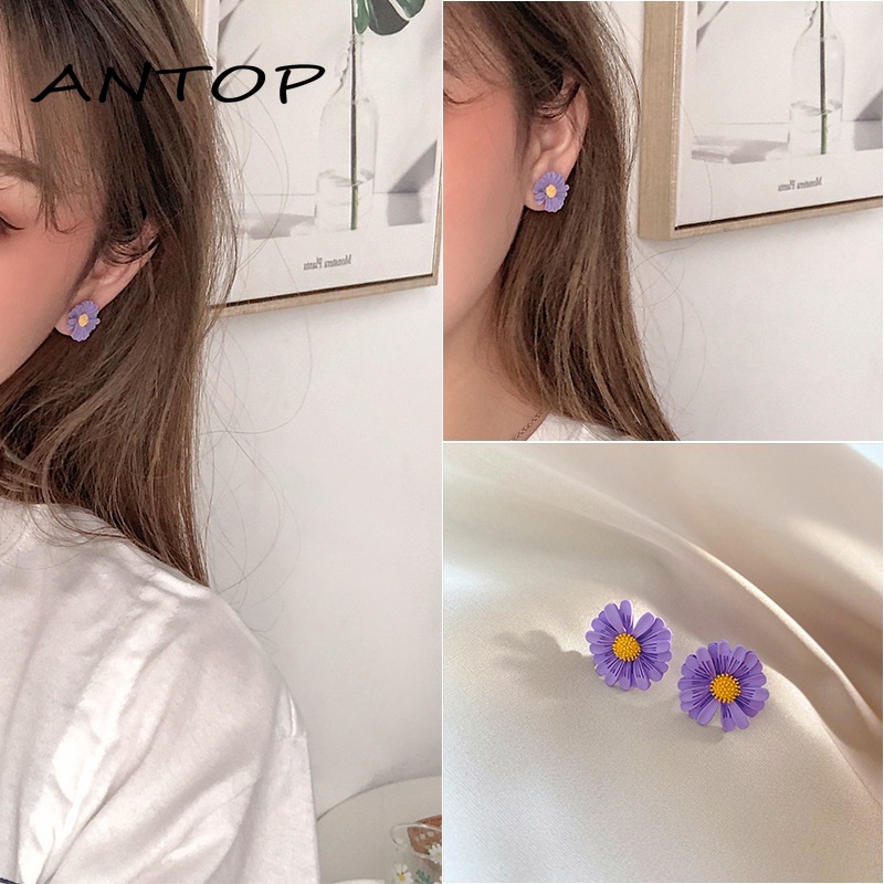 2Pcs Anting Bunga Daisy Ungu Yang Indah Hadiah Aksesoris Fashion Anak Perempuan ANTOP