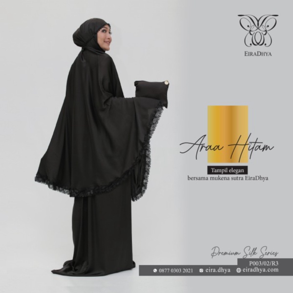 Mukena Araa Hitam - Renda Besar - Kepala Single Renda R3 Murah