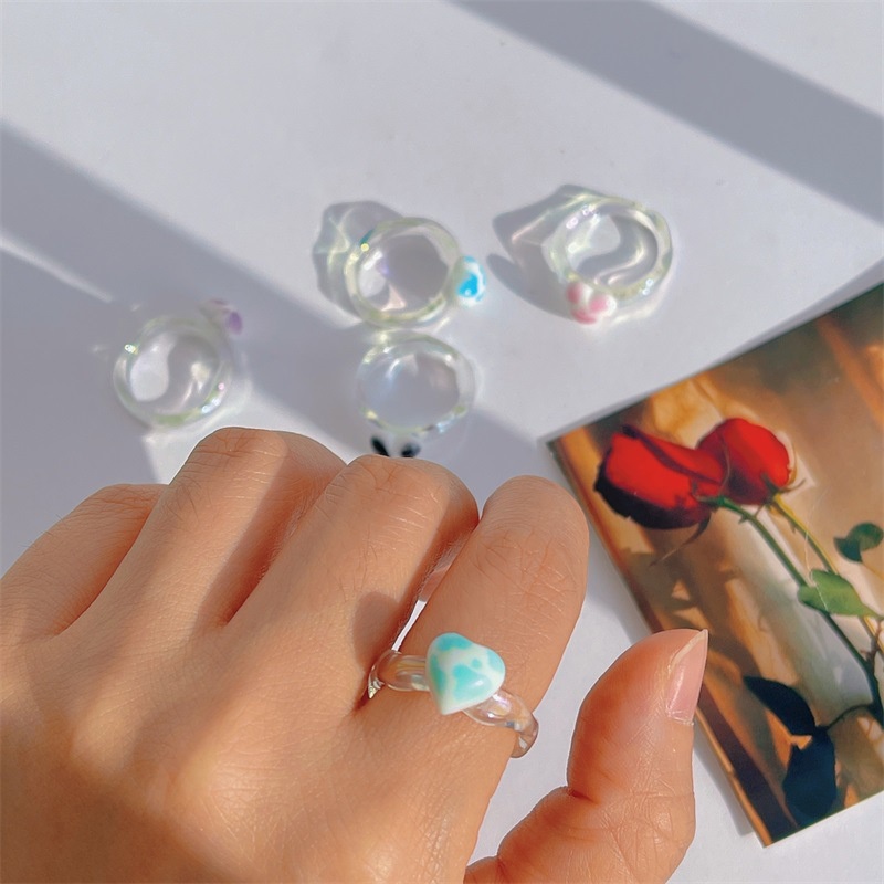 Cincin Resin Bening Motif Print Hati Gaya Korea Untuk Wanita