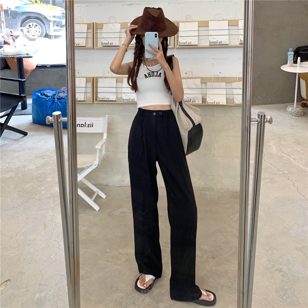 Celana Panjang Kasual Khaki Wanita Loose Minimalis Basic Color High Waist Straight Pants