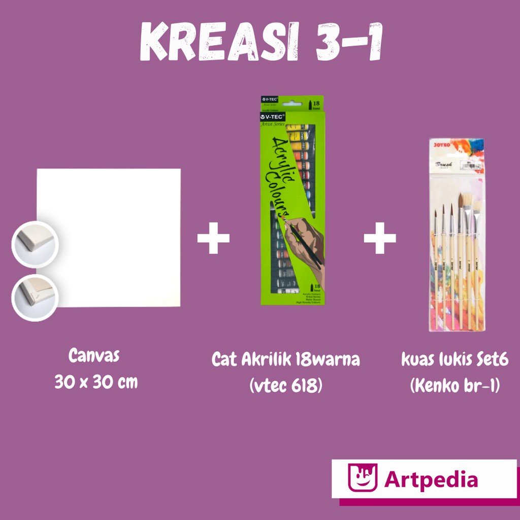 

Paket Melukis - Kreasiku C - Kanvas 30x30 + Kuas Set 6 + Cat akrilik set 18 warna - Painting Kit - Paket lukis