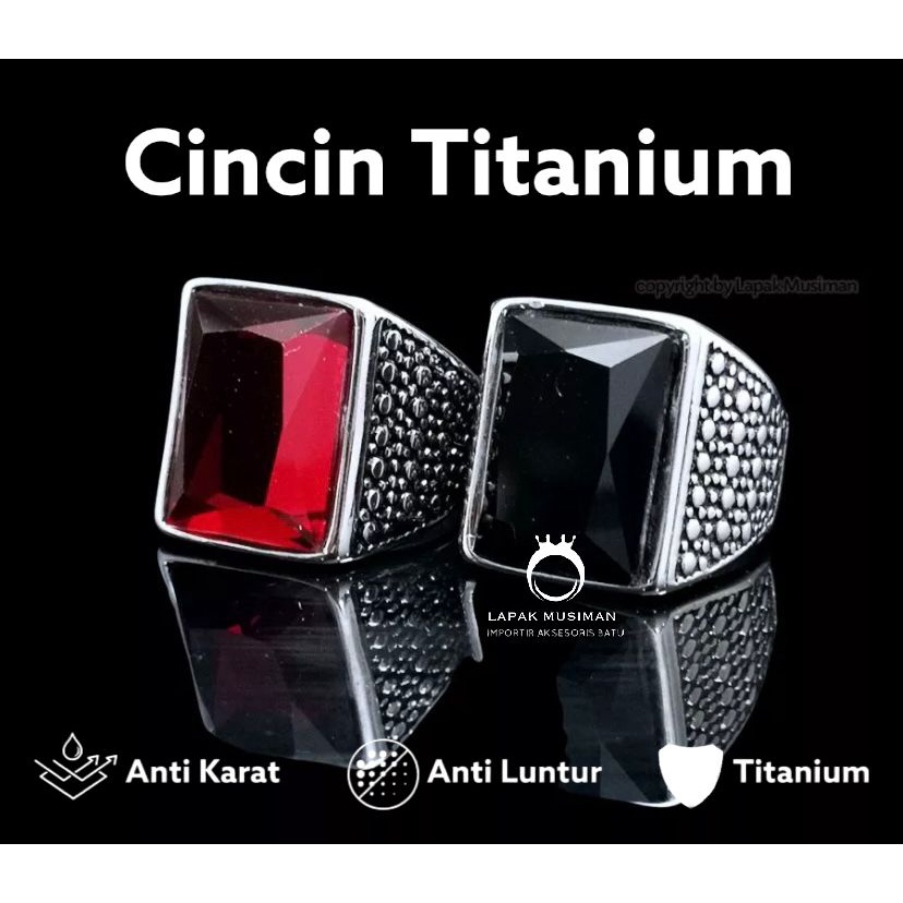 [Bayar di Tempat] Cincin Pria Titanium Anti Karat Batu Permata Hitam Merah Anti Karat 02