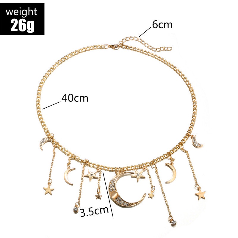 Kalung Rantai Choker Liontin Bulan Bintang Rumbai Bahan Alloy Aksen Berlian Untuk Wanita