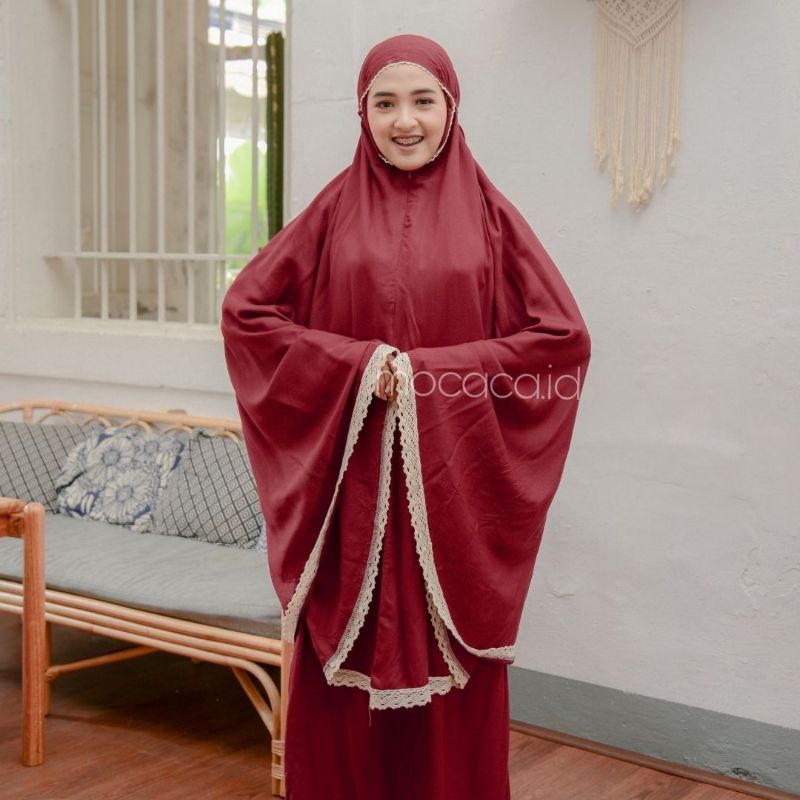 Mukena Dewasa Polos Merah Maroon Marun 3 in 1 Ponco Jumbo free pouch sajadah 2 in 1  travelling bahan katun rayon premium polos