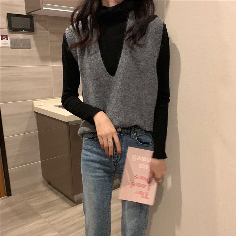 [Diskon Terbesar]Korea Tanpa lengan longgar v-neck Rompi kisi sweater rajutan rompi outer Rompi rajut