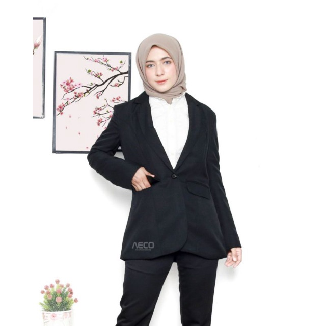 BLAZER WANITA AISYAH HITAM - Jas Perempuan Formal Karir Kerja Kantor Guru Muslimah Hijaber Resmi