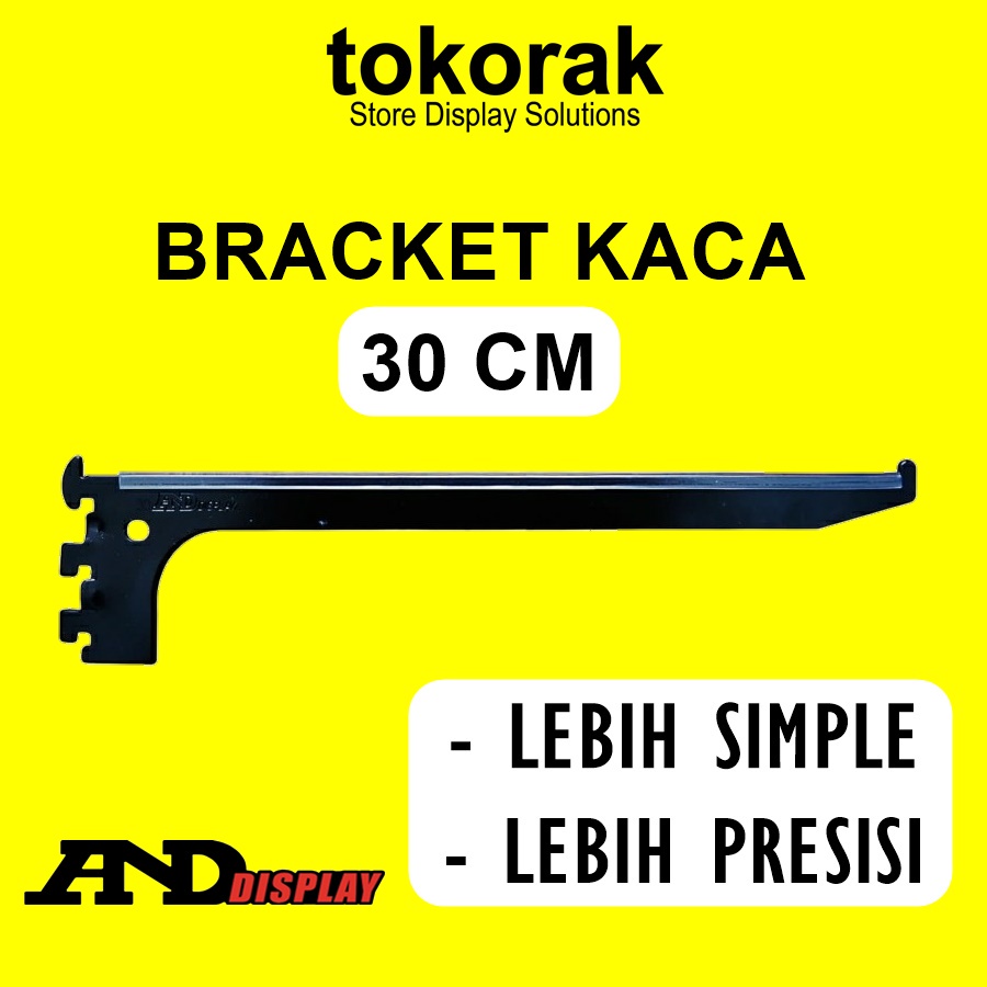 DAUN BRACKET KACA 30 CM HITAM AMBALAN TIANG REL BREKET KAYU ANDDISPLAY