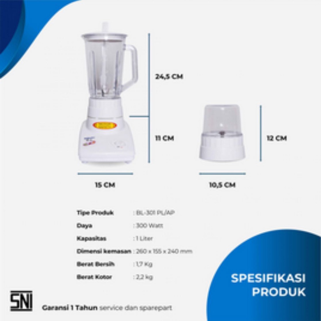 BLENDER MIYAKO BL 301 PL/AP 2 IN 1 SERBAGUNA BAHAN PLASTIK 1 LITER