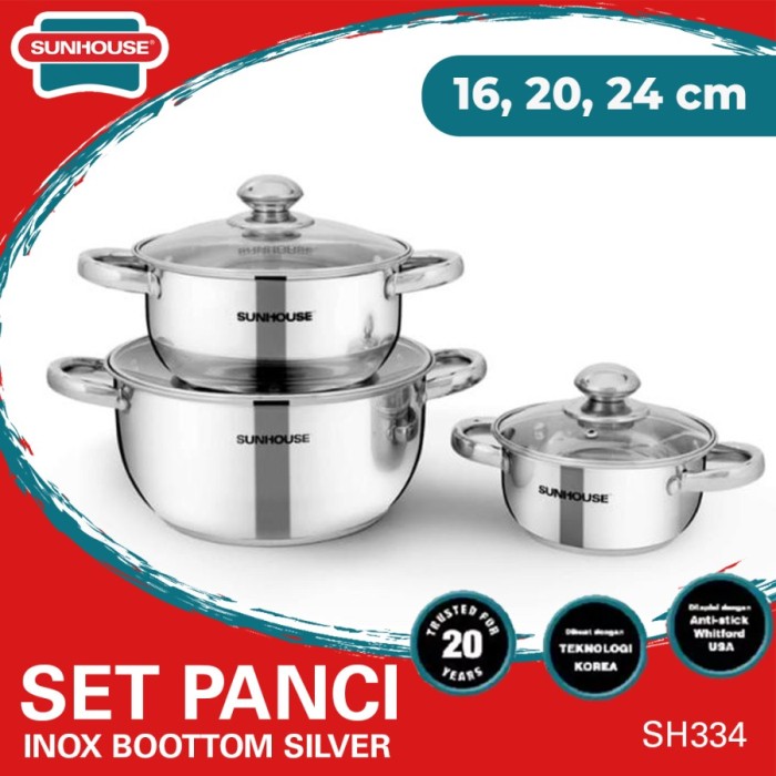 SUNHOUSE Set Panci Inox Bottom Silver 16, 20, dan 24 cm (1 Set) SH334