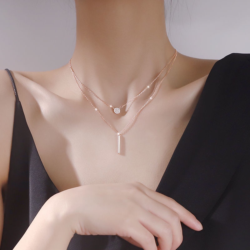 [ Women Double Layer Metal Square Pendant Necklace ] [ Elegant Golden Sliver Clavicle Necklace  ] [ Girls Chain Necklace ]
