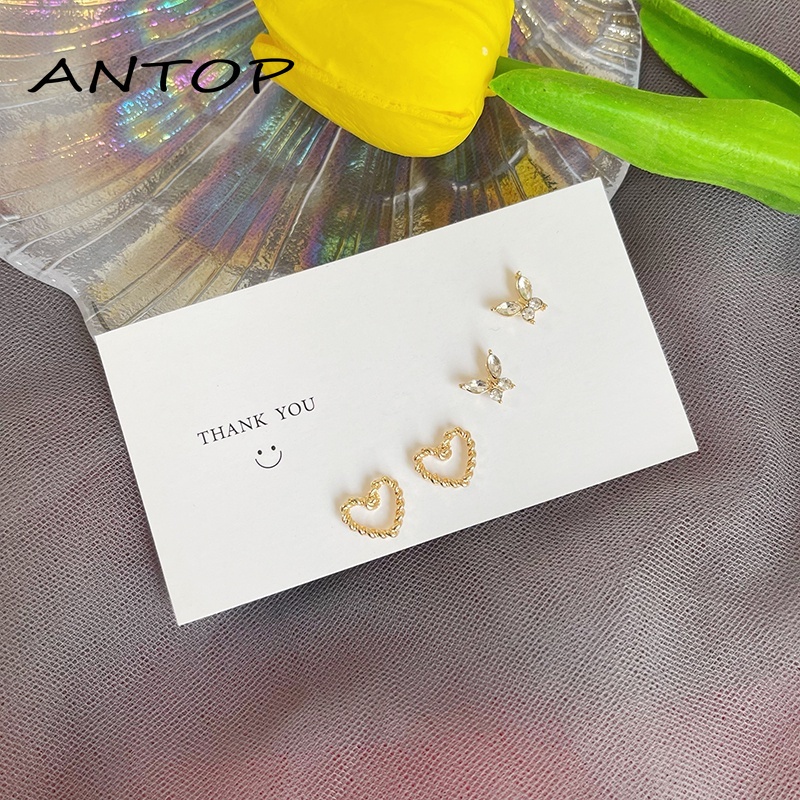 Korea Fashion Anting-Anting Sederhana Temperamen Paduan Telinga Studs Set Kupu-kupu Cinta Hati Perhiasan Untuk Wanita ANTOP