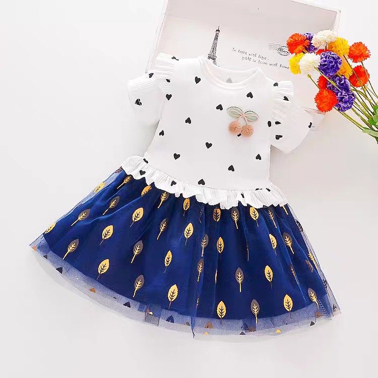 KF Cat Dress tutu anak gaun pesta Dress Tile Anak Imut Motif Love daun bahan Katun Kasa umur 1-2thn Import-Abu