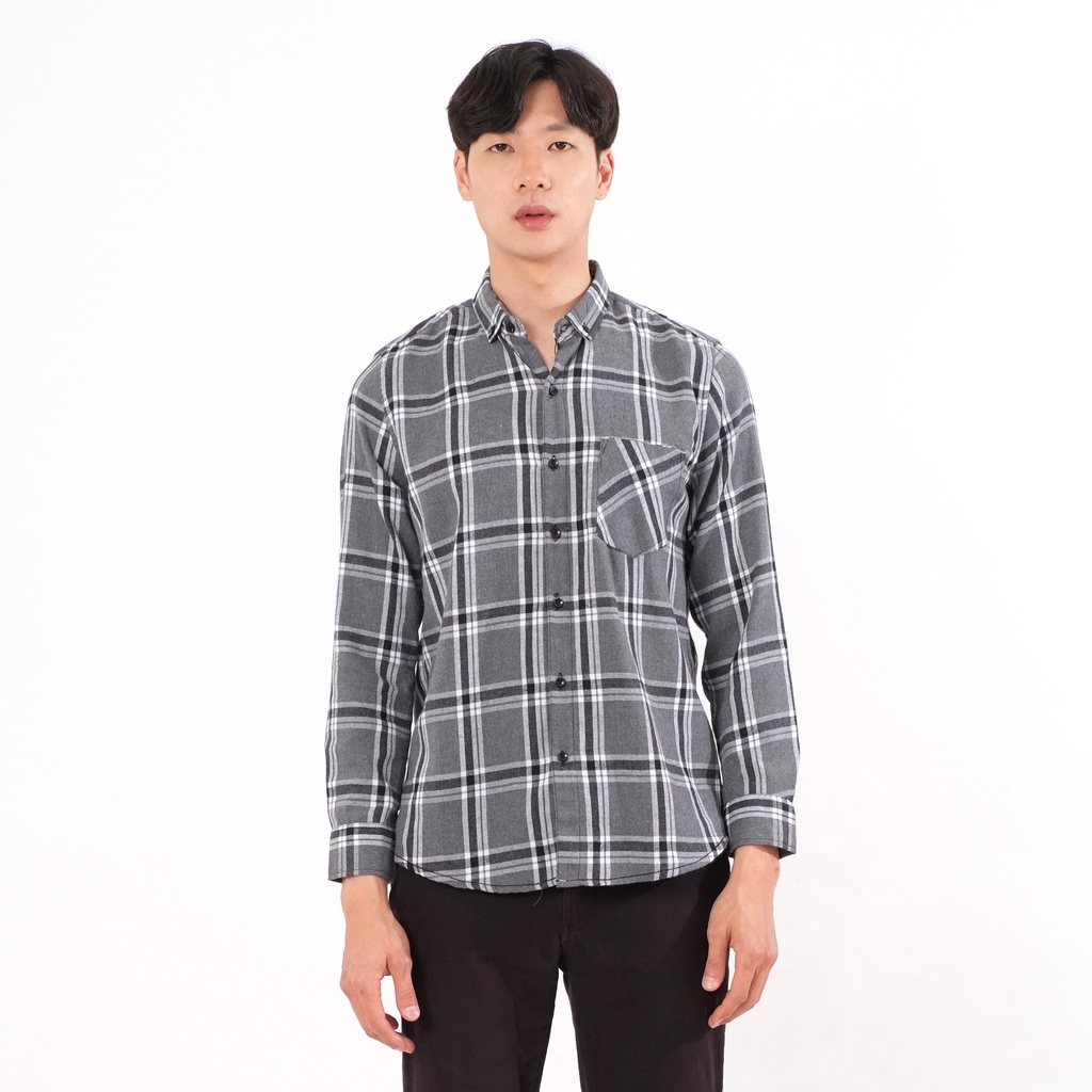 SANVANINA Kemeja Flannel Panjang Pria Slim Fit Premium Abu-Abu | Flanel Kotak Grey - E-8005